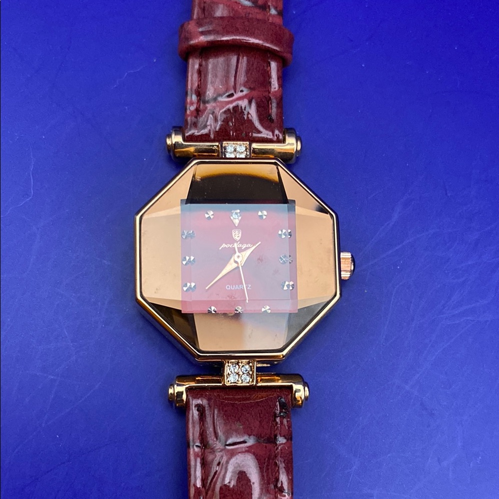 Burgundy And Rose Gold Watch With Diamond Like Accents